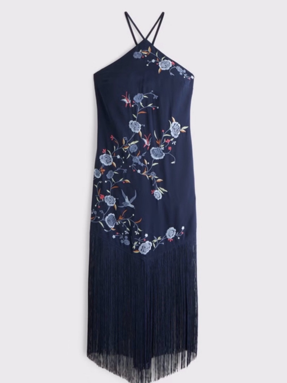 Abercrombie high neck fringe maxi dress navy Medium